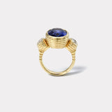8.27ct Oval Tanzanite Center and 0.77ct Oval Diamond Side Stones Heirloom Bubble Ring