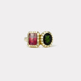 2.7ct Emerald Cut Pink Tourmaline and 2.3ct Oval Green Tourmaline Heirloom Bezel Ring