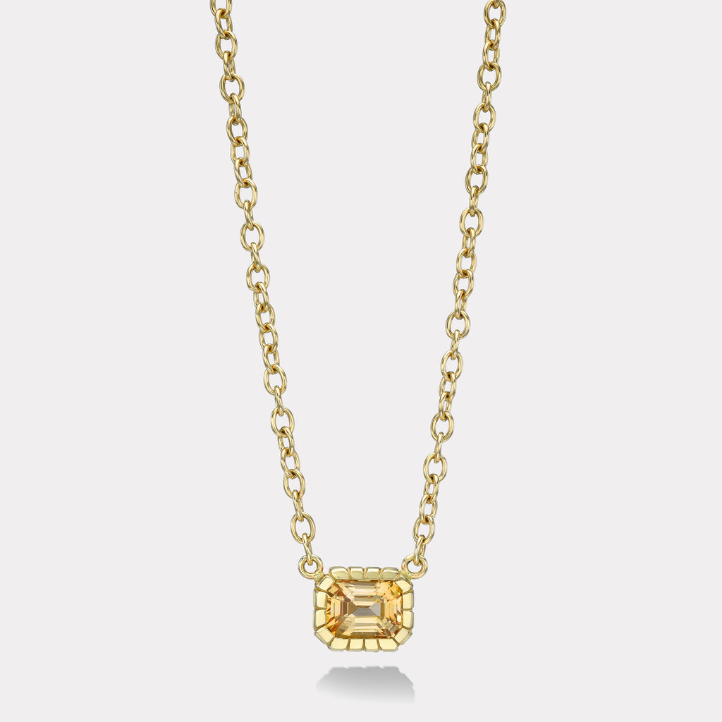 One of a Kind 2.27ct Emerald cut Yellow Sapphire Heirloom Bezel Pendant
