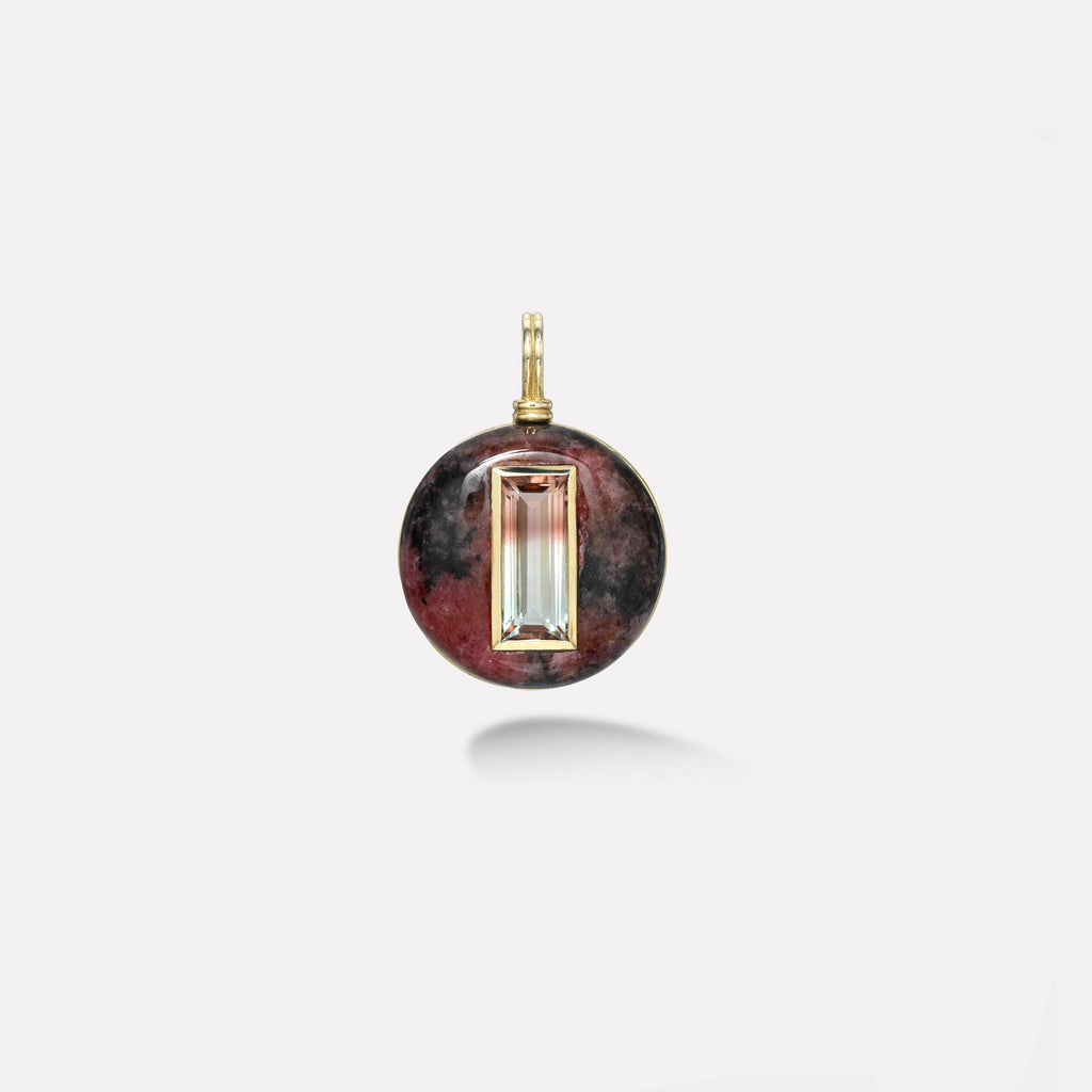 Lollipop Charm - 4.69ct Emerald cut Bicolor Tourmaline in Hand Carved Rhodonite