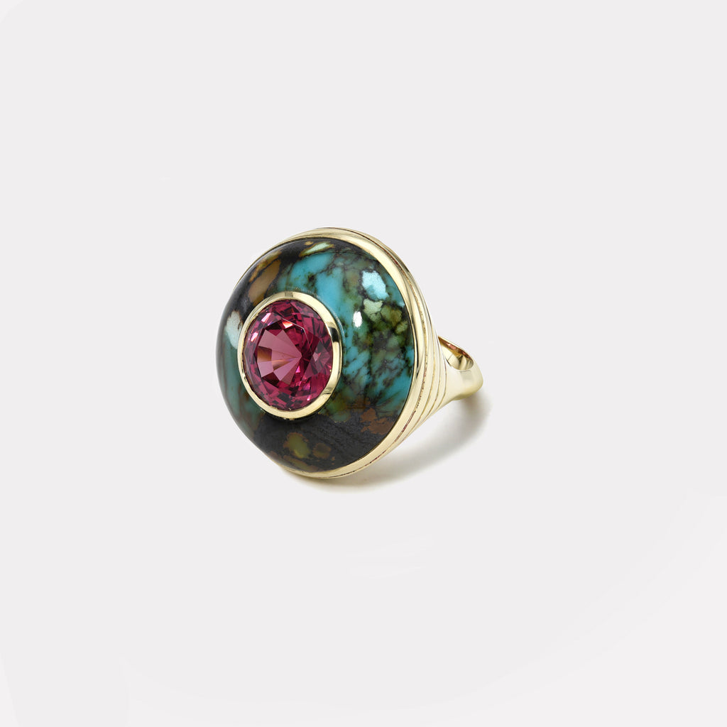 Lollipop Ring - 6.40ct Rhodolite Garnet in Hand Carved Turquoise