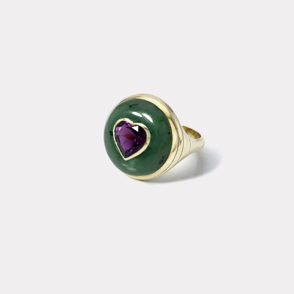 Petite Lollipop Ring - 2.11 Heart Amethyst in Hand Carved Nephrite Jade