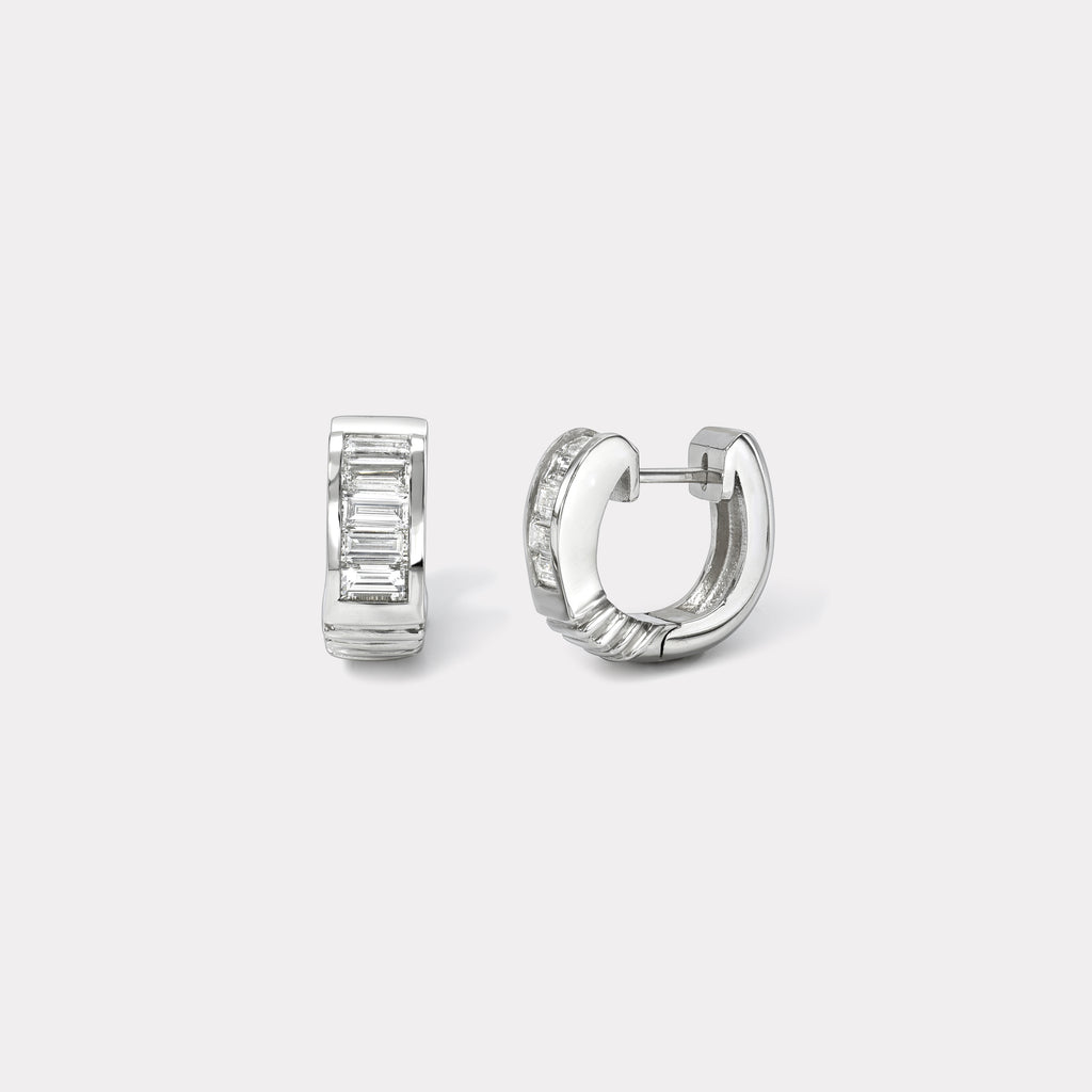 Classic Baguette Buckle Huggies - Diamond in Platinum