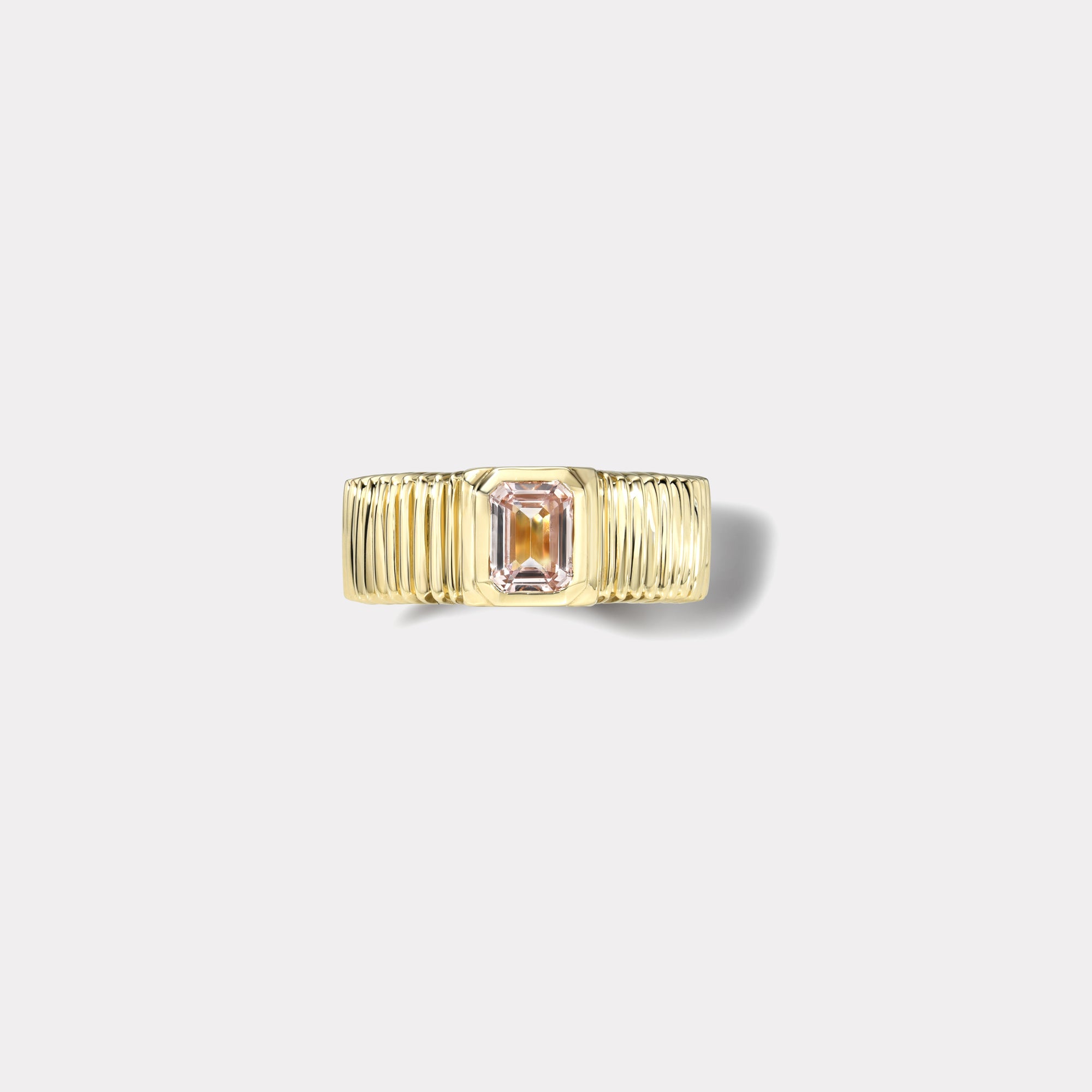 Emerald Cut Peach Sapphire Pleated Solitaire Band