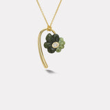 Oval Diamond Petite Flora Necklace with Hand Carved Double Green Opal