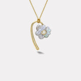 Oval Diamond Petite Flora Pendant with Hand Carved Blue Lace Agate and Rainbow Opal