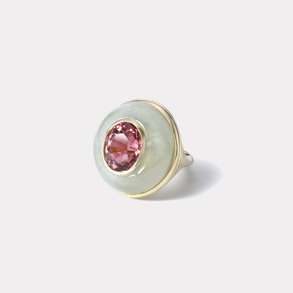 Lollipop Ring - 6ct Oval Pink Tourmaline in Hand Carved Aquamarine