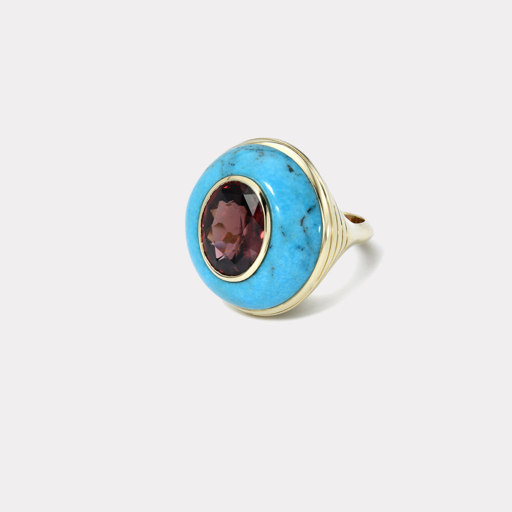 One of a Kind Lollipop Ring - 8.78ct Oval Rhodelite Garnet in Turquoise