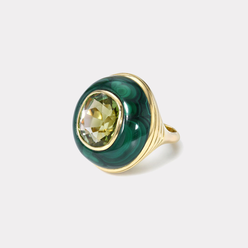 Lollipop Ring - 10.5ct Green Tourmaline in Hand Carved Malachite