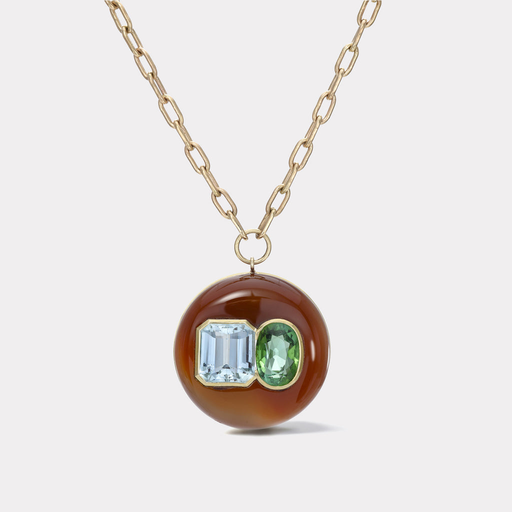 Double Stone Lollipop Pendant - 5.79 Green Tourmaline & 5.76ct Aquamarine in Hand Carved Carnelian