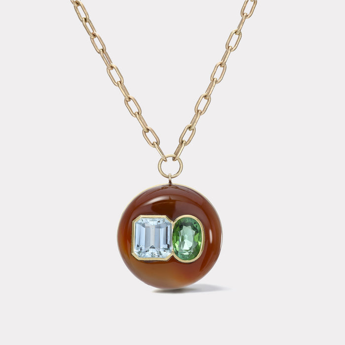 Double Stone Lollipop Pendant - 5.79 Green Tourmaline & 5.76ct Aquamarine in Hand Carved Carnelian