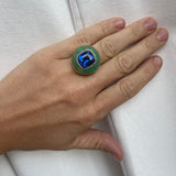 Classic Lollipop Ring - 10.53ct Royal Blue Sapphire in Hand Carved Chrysoprase