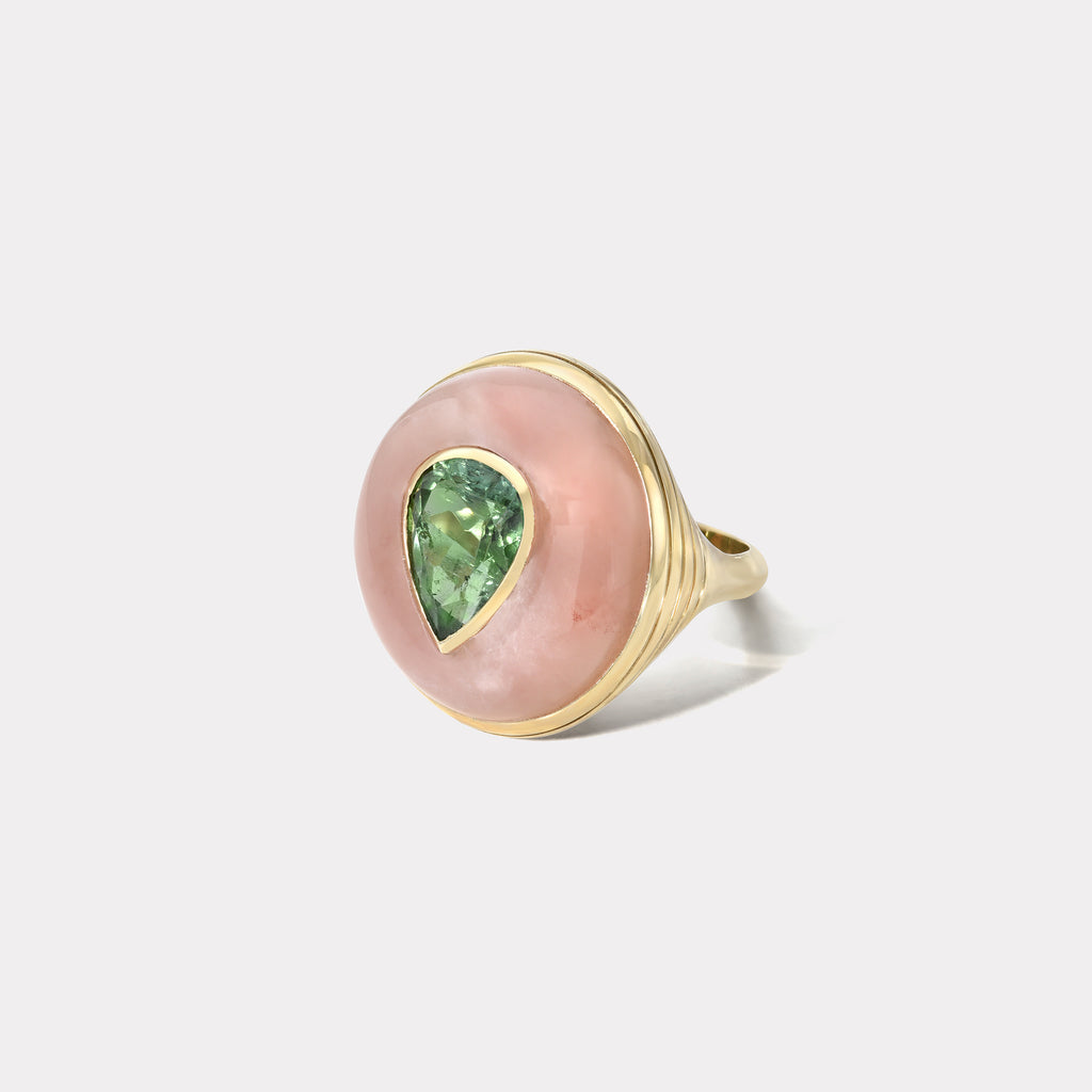 One of a Kind Lollipop Ring - Pear Green Tourmaline in Guava Quartz