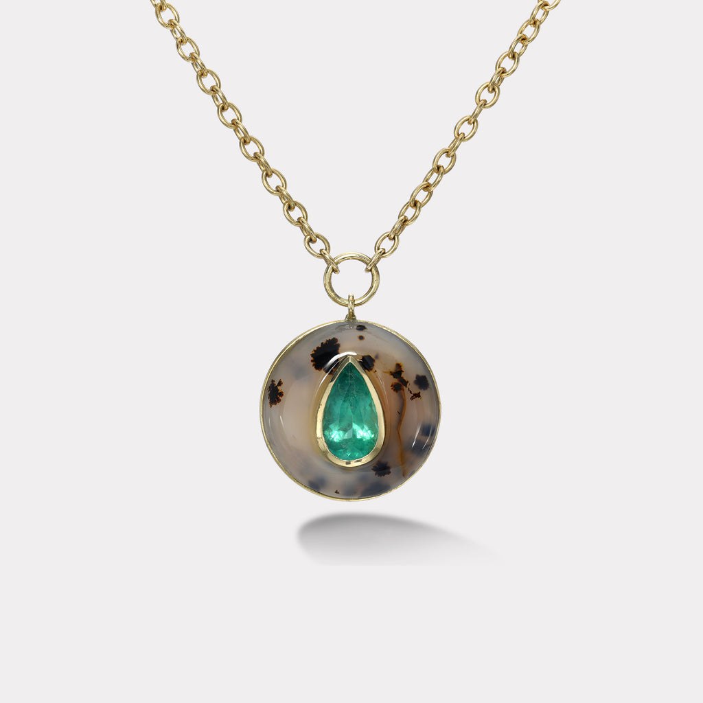 Lollipop Pendant - 2.49ct Pear Emerald in Hand Carved Dendrite