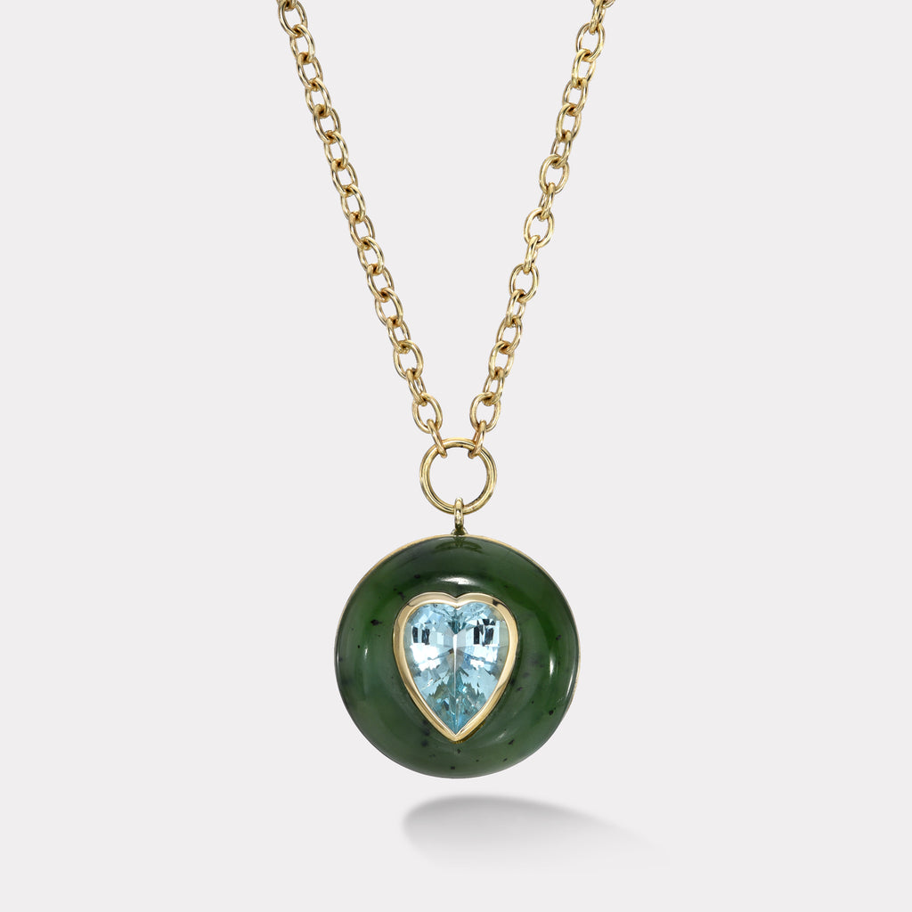 Lollipop Pendant - 4.01ct Heart Aquamarine in Hand Carved Nephrite Jade