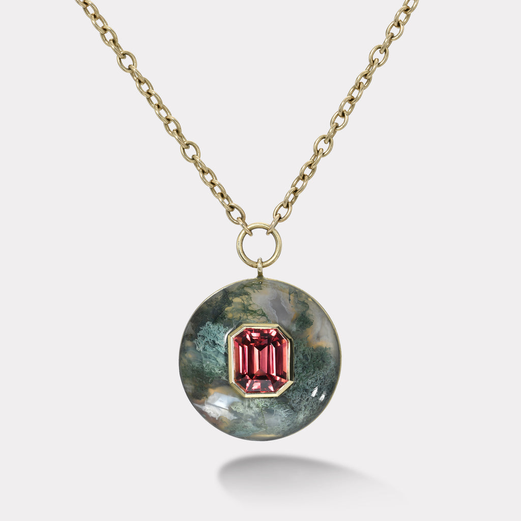 Lollipop Pendant - 4.43ct Red Tourmaline in hand carved Moss Agate