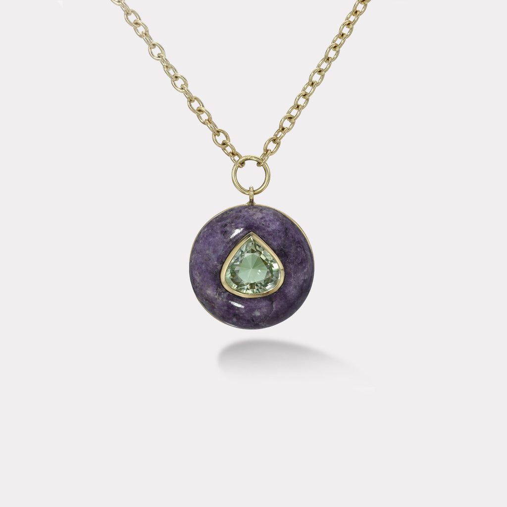 Lollipop Pendant - 5.87ct Green Tourmaline in Hand Carved Lepidolite