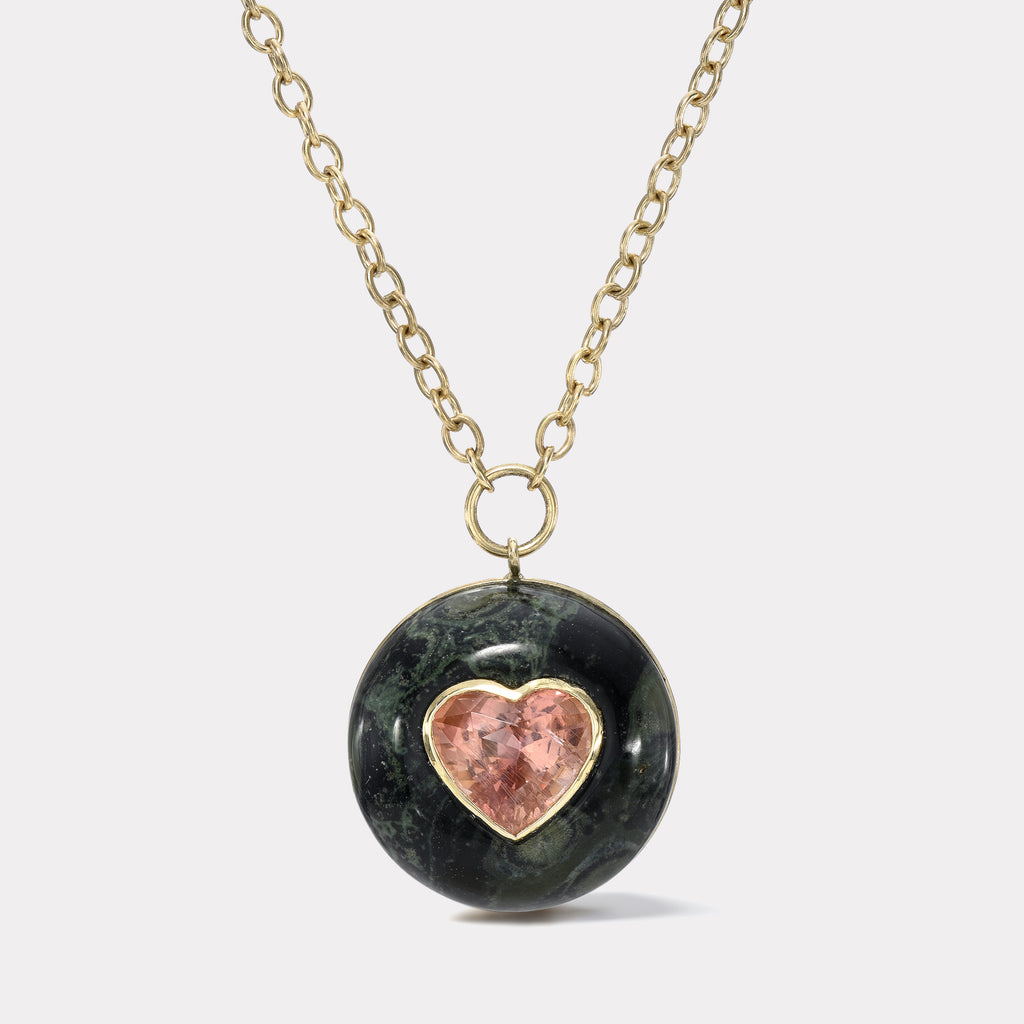 Lollipop Pendant - 6.7ct Pink Tourmaline Heart in Spotted Green Jasper