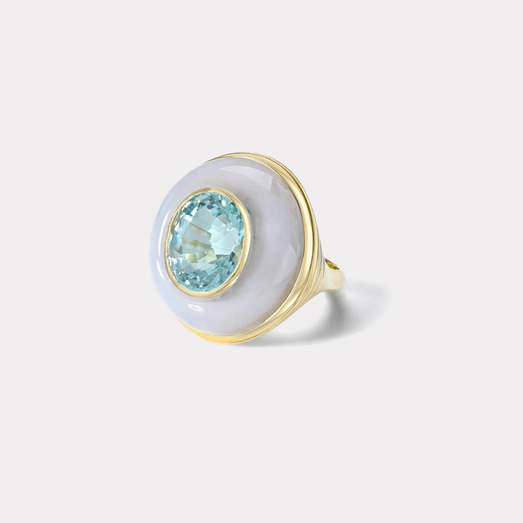 Lollipop Ring - 6.32ct Round Aquamarine in Hand Carved Chalcedony