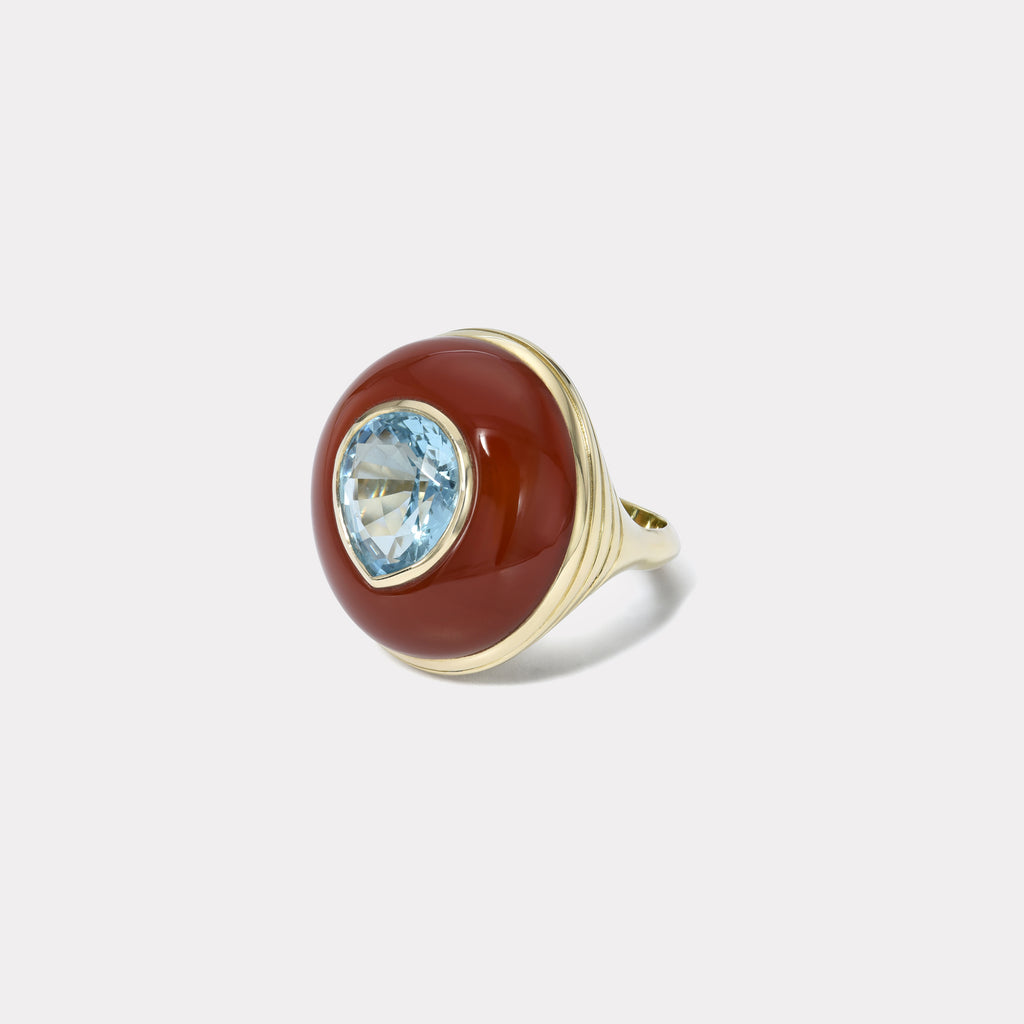 Lollipop Ring - 4.41ct Pear Aquamarine in Hand Carved Carnelian
