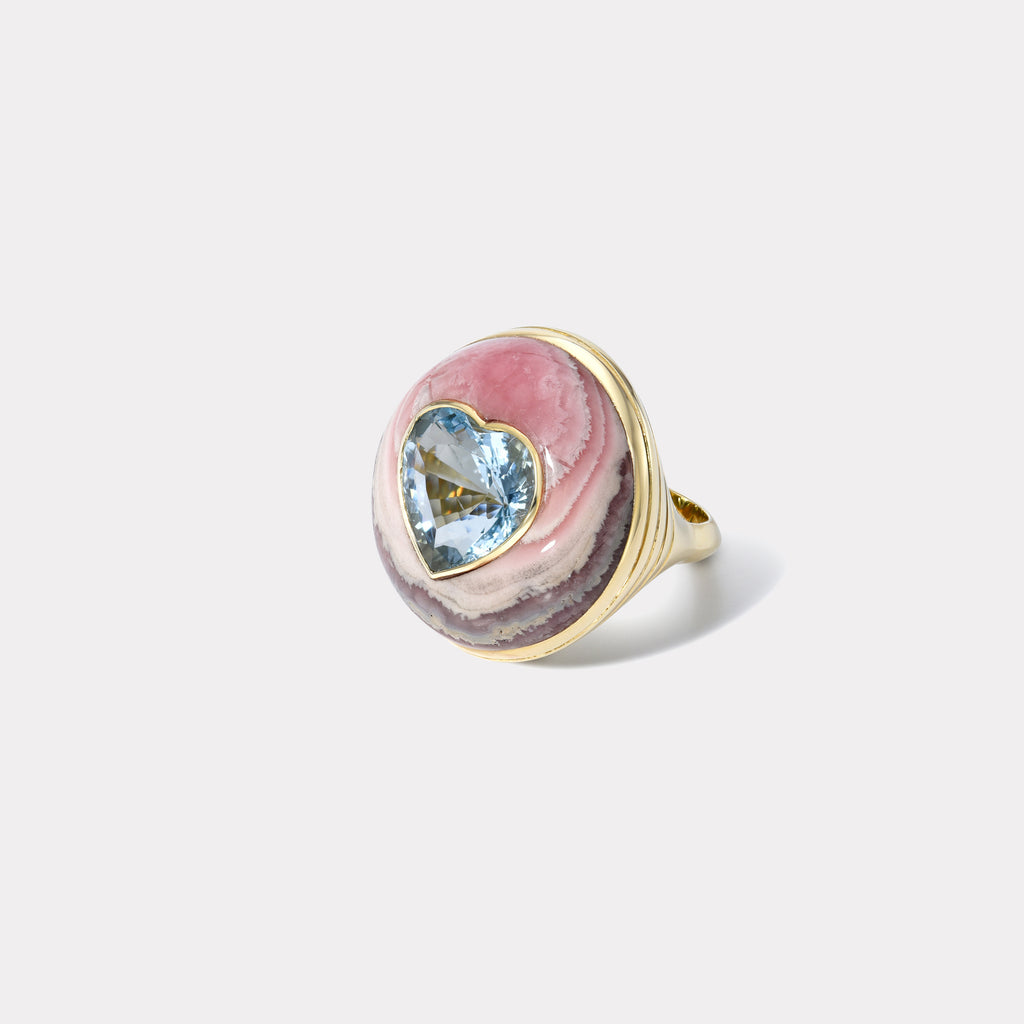 Lollipop Ring - 4.86ct Aquamarine Heart in Hand Carved Rhodochrosite