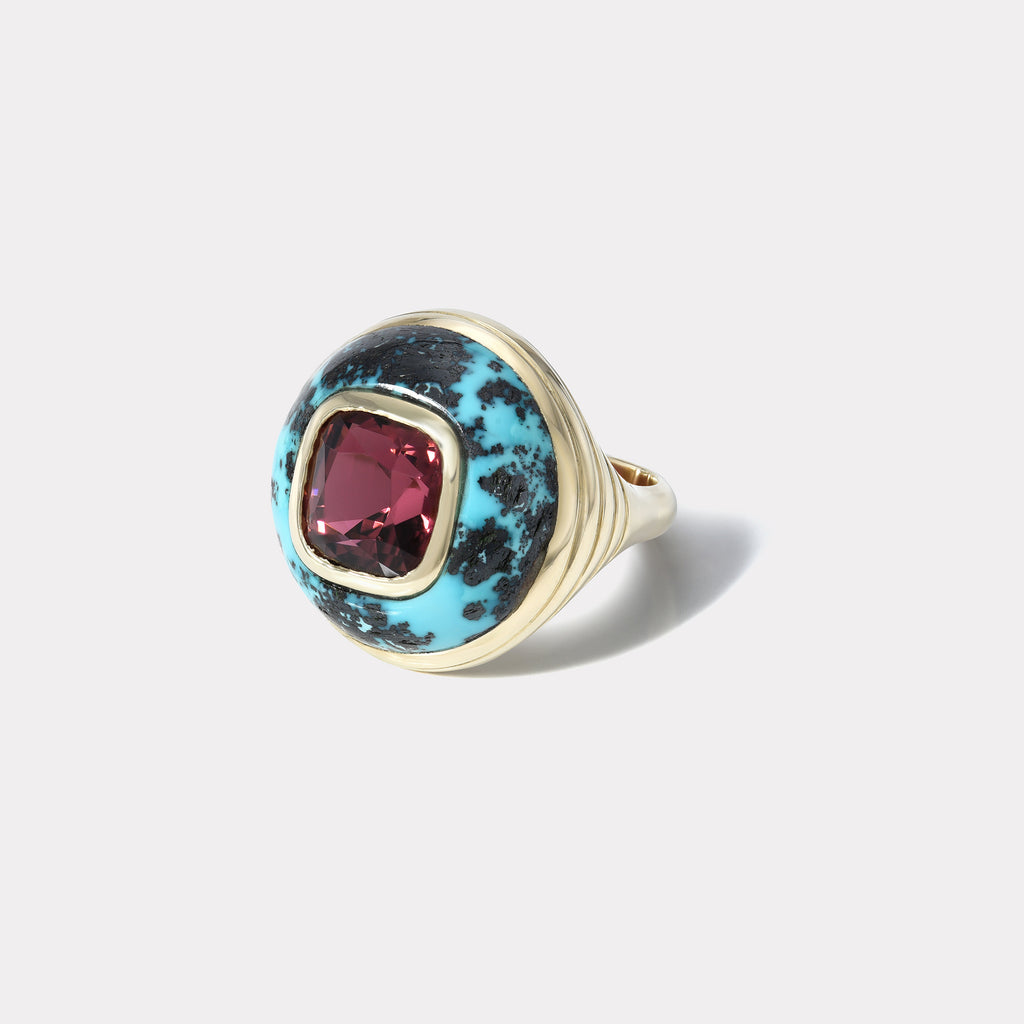 Petite Lollipop Ring - 3.43ct Red Tourmaline in Hand Carved Turquoise