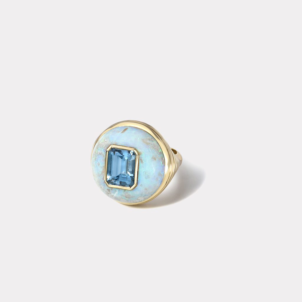 Petite Lollipop Ring - Emerald Cut Aquamarine in Australian Opal