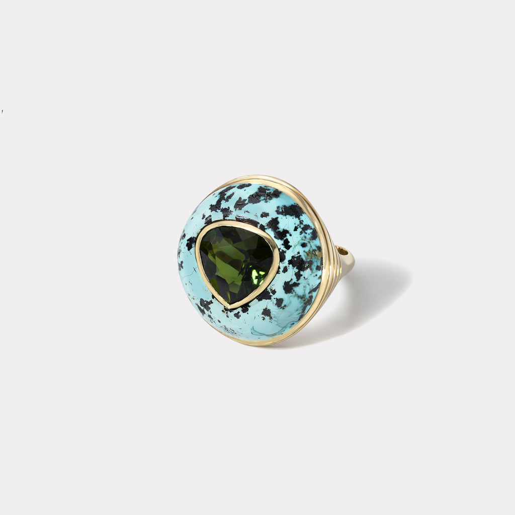 One of a Kind Lollipop Ring - Pear Cut Green Tourmaline in Turquoise