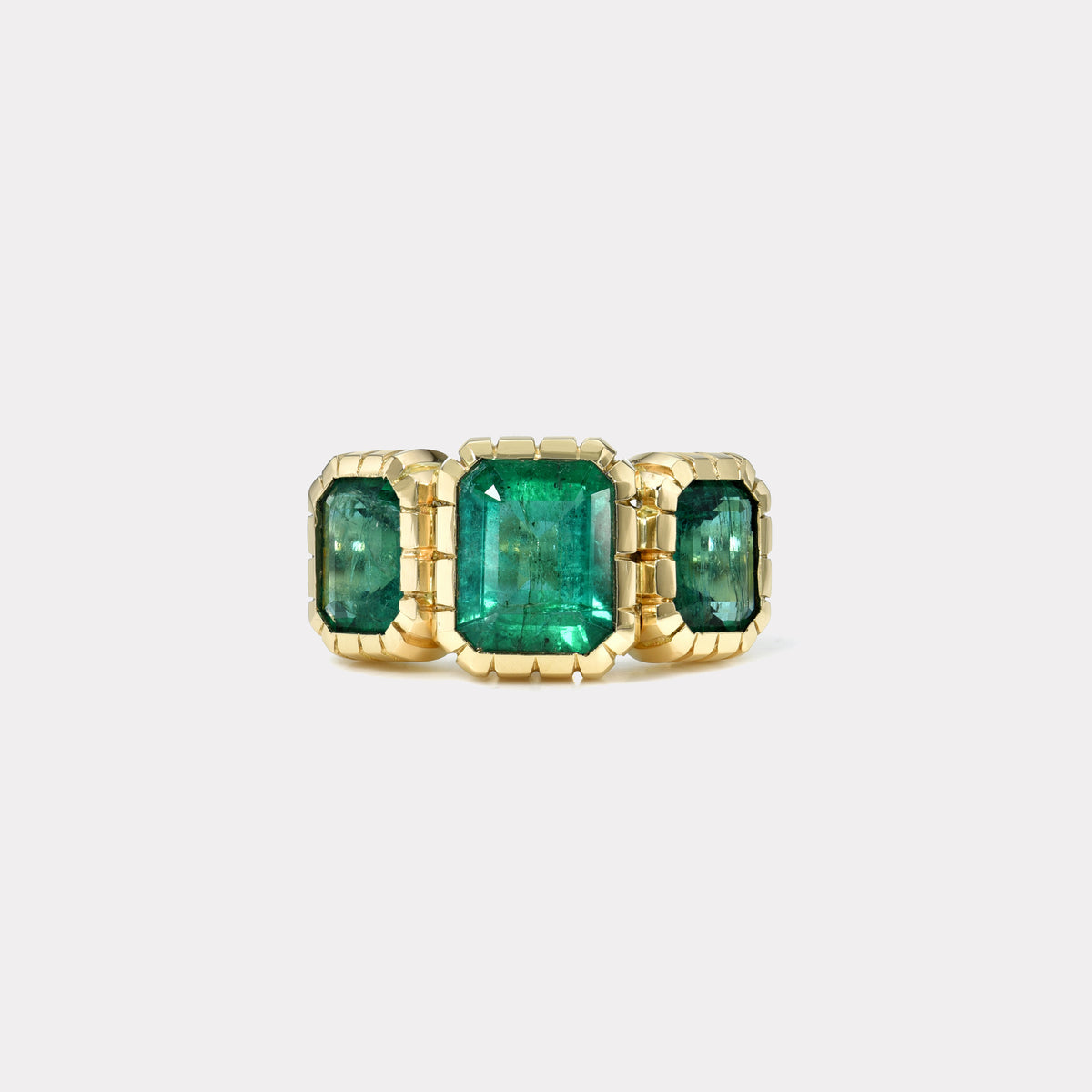 3.93ct Emerald Cut Emeralds 3 Stone Heirloom Bezel Ring 