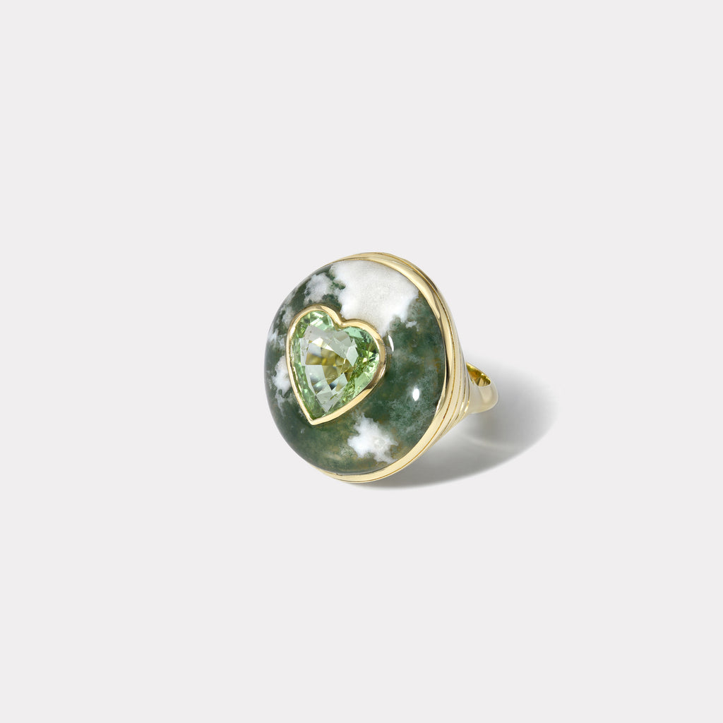 Lollipop Ring - 4.72ct Green Tourmaline Heart in Hand Carved Spotted Green Agate