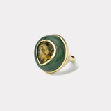 Classic Lollipop Ring - 7ct Pear Olive Green Tourmaline in Hand Carved Nephrite Jade
