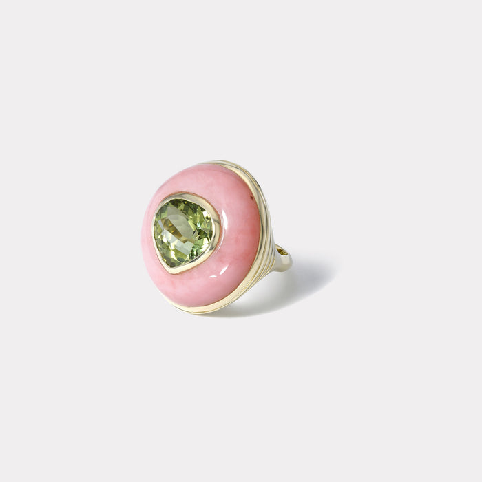 One of a Kind Lollipop Ring -  9.47ct Green Tourmaline in Hand Carved Pink Opal