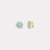 3.4ct Cabochon Oval Turquoise Diamond Halo Heirloom Bezel Studs