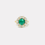 2.92ct Cabochon Round Emerald Diamond Heirloom Bezel Ring