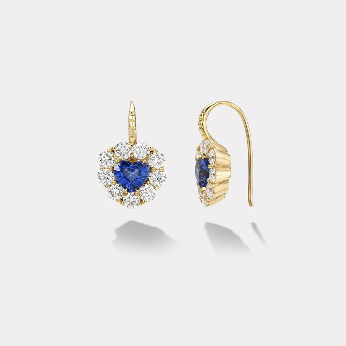 2.06ct Heart Blue Sapphires with Diamond Halo Heirloom Bezel Earrings