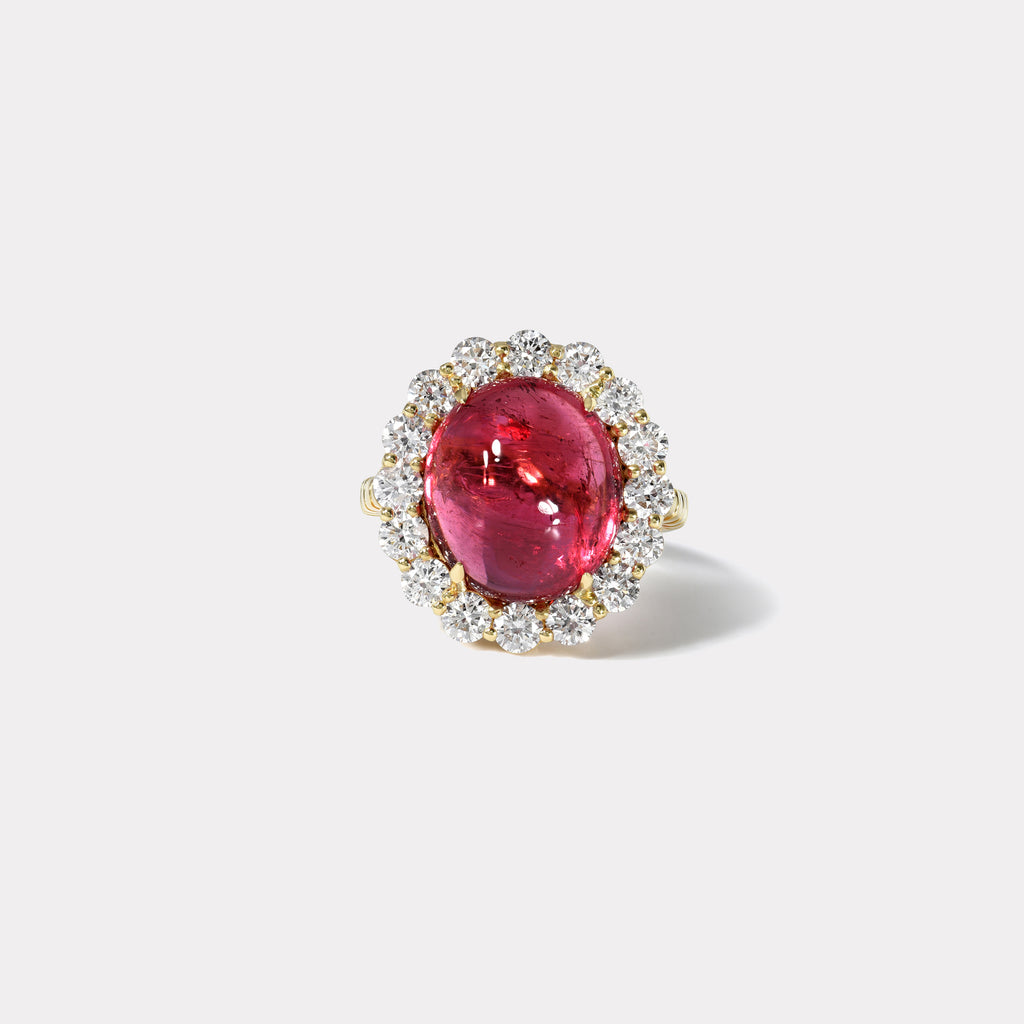 One of a kind 14ct Oval Pink Tourmaline Cabochon Diamond Heirloom Bezel Ring