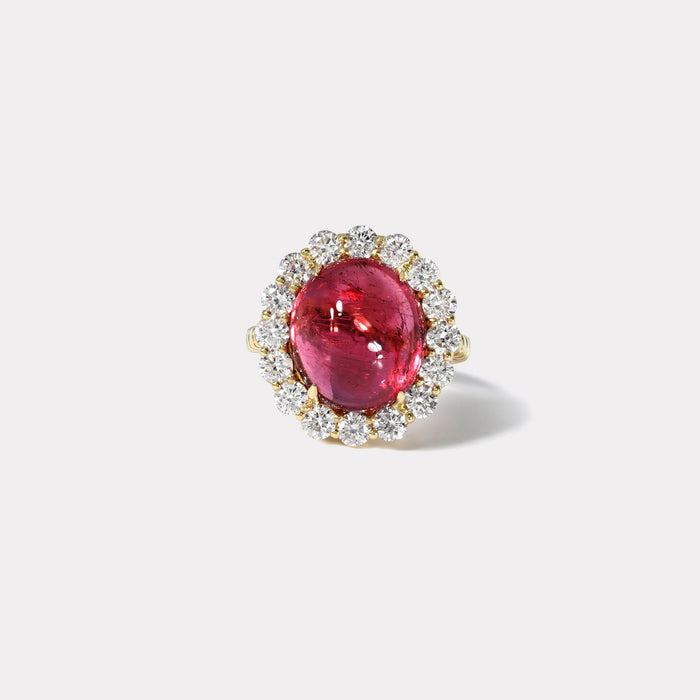 One of a kind 14ct Oval Pink Tourmaline Cabochon Diamond Heirloom Bezel Ring