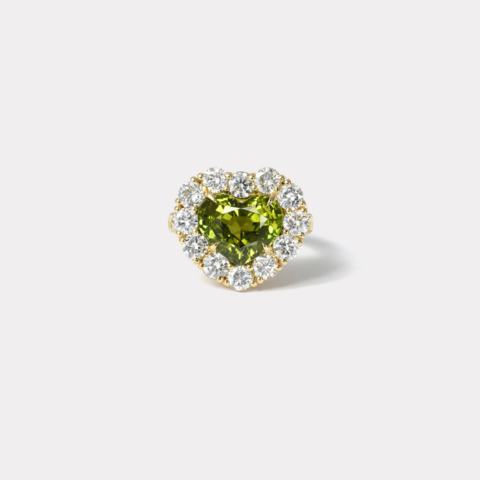 One of a kind 5.05ct Heart Green Tourmaline Diamond Heirloom Bezel Ring