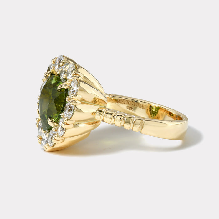One of a kind 5.05ct Heart Green Tourmaline Diamond Heirloom Bezel Ring