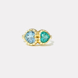 1.51ct Heart Emerald and 2.24ct Heart Aquamarine Double Stone Heirloom Bezel Ring