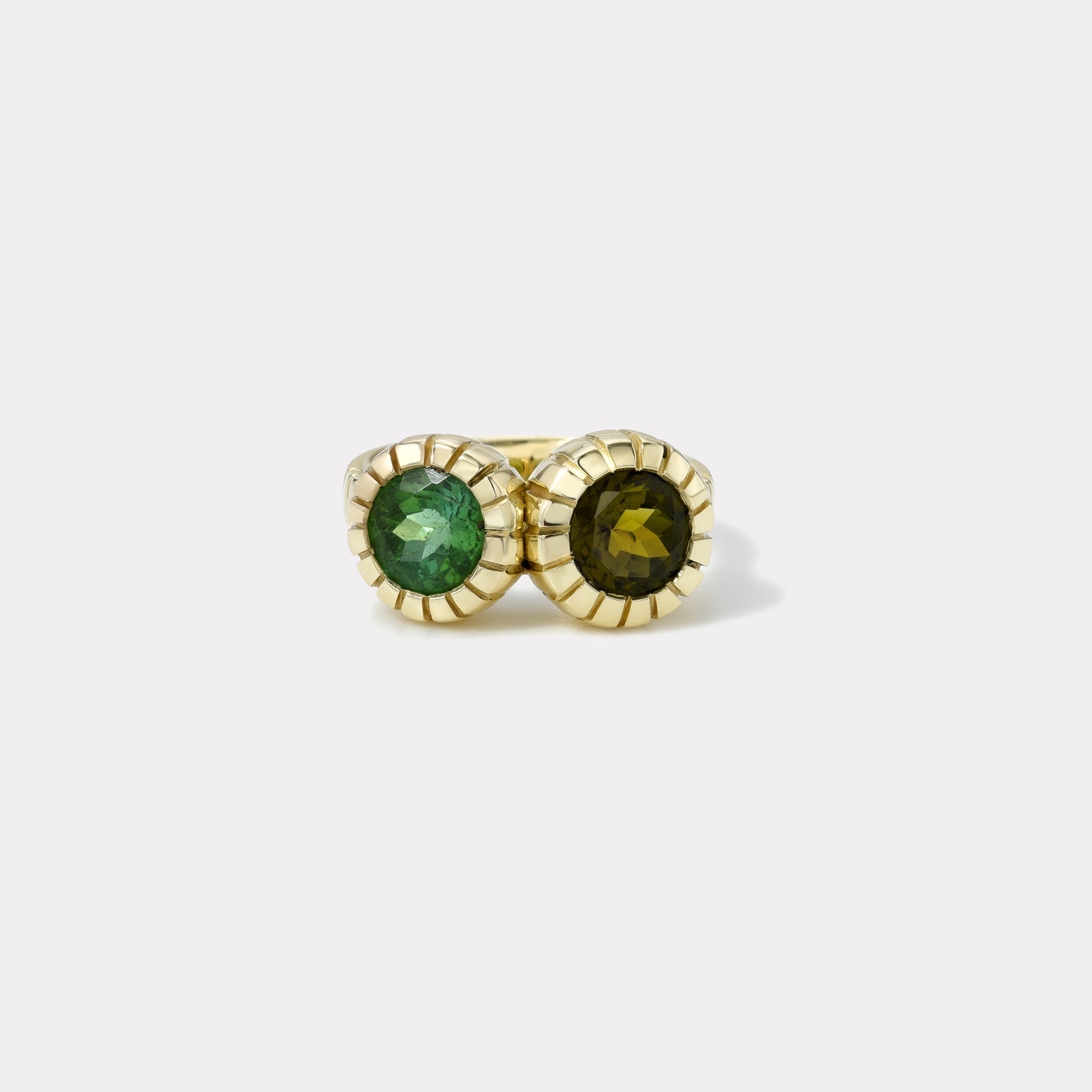 Double Stone 1.52ct Round Olive Green Tourmaline and 1.38ct Round Forest Green Tourmaline Heirloom Bezel Ring