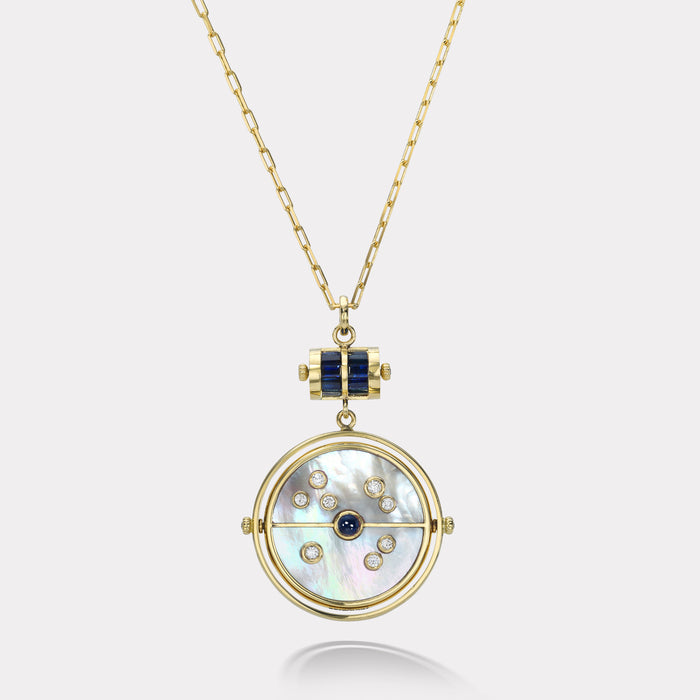 Grandfather Compass Pendant with White Mother of Pearl and Blue Sapphire