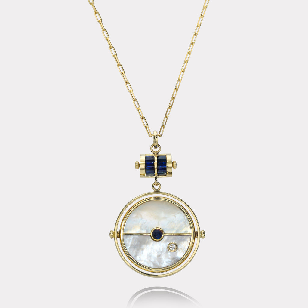 Grandfather Compass Pendant with White Mother of Pearl and Blue Sapphire
