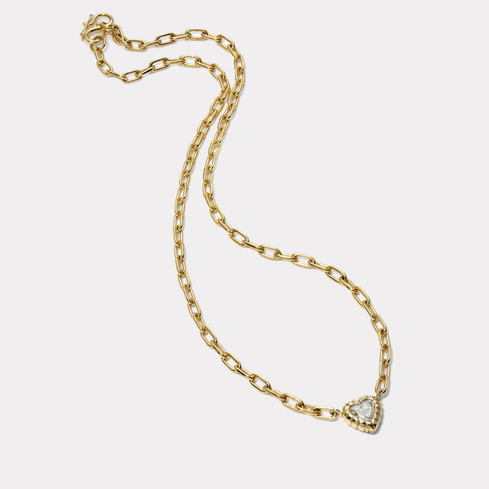18k One of a Kind GIA 1ct Diamond Heart on Classic Link Handmade Chain