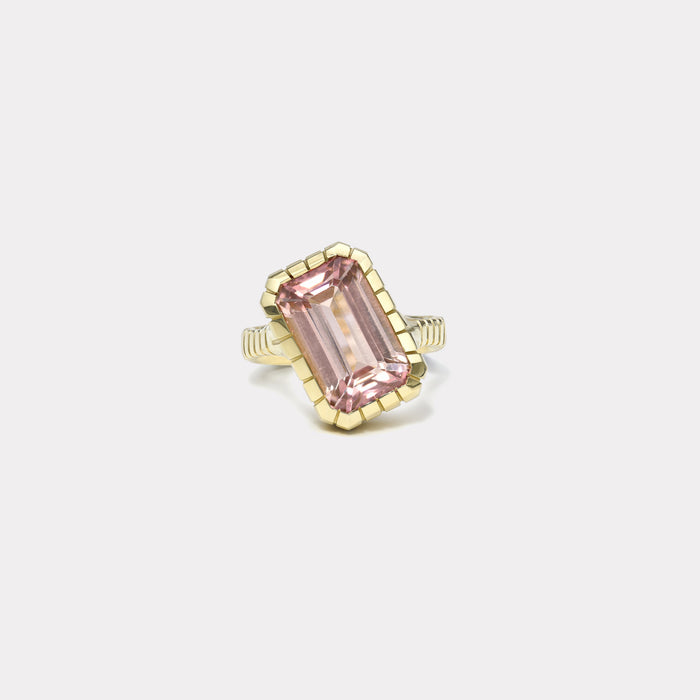 One of a kind 6.1ct Tilted Emerald Cut Pink Tourmaline Heirloom Bezel Ring