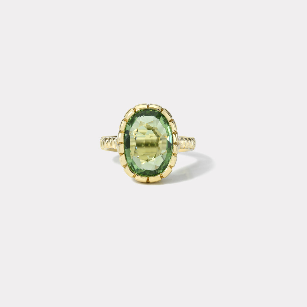 One of a kind 7.2ct Oval Green Tourmaline Heirloom Bezel Ring