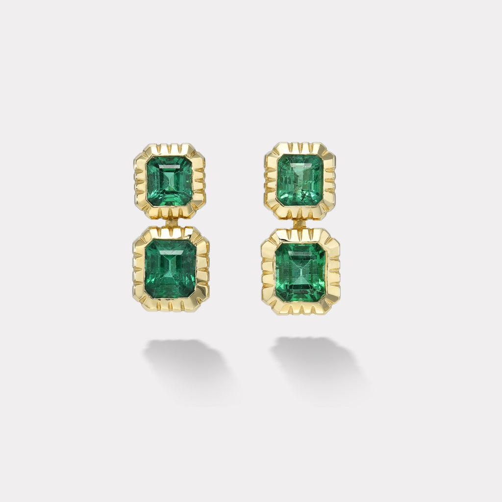 6.32ct Double Stone Emerald Heirloom Bezel Stud Earrings