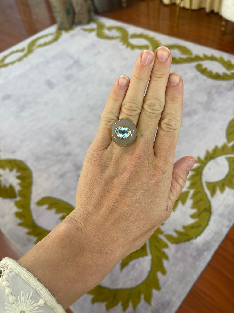 Lollipop Ring - 5ct Aquamarine in Hand Carved Chalcedony
