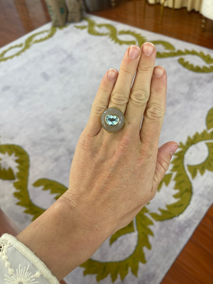Lollipop Ring - 5ct Aquamarine in Hand Carved Chalcedony