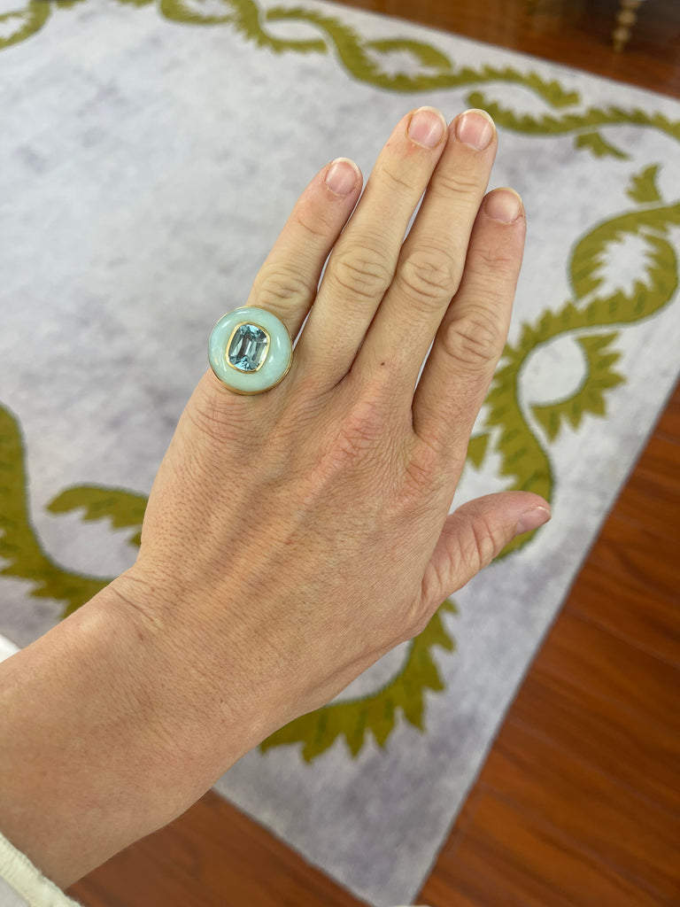 Lollipop Ring - Cushion Aquamarine in Hand Carved Peruvian Opal